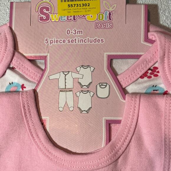 NWT Sweet & Soft Pink & White Owl 5 Piece Layette Set 0-3 Months - Picture 15 of 16